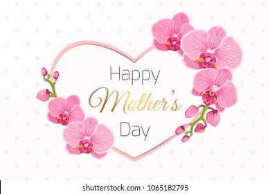 Happy Mothers Day greeting card template. Exotic bright pink purple orchid phalaenopsis flowers foliage garland. Decorated heart shape frame. Shiny golden text placeholder. Polka dot background.