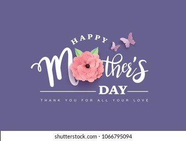 Happy mother's day greeting card with typography design and beautiful blossom flower