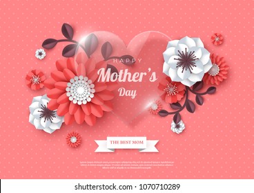Happy Mother's day greeting card. Paper cut flowers with glossy heart, holiday background. Vector illustration.