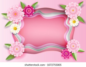 Happy Mother's Day greeting card, floral Spring decoration, paper cut flowers, hearts, pink ribbon, romance symbols, vintage frame, vector illustration.