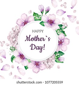 Happy Mother`s Day greeting card on floral background. Congratulation card design with apple tree flowers, petals and text. Art vector illustration. 