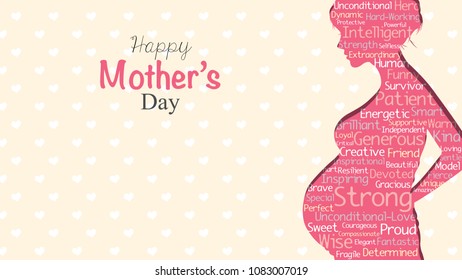 Happy Mother's Day greeting card. Pink silhouette of pregnant woman with a cloud of words inside on a yellow background with hearts. Image with space to place text. Vector illustration