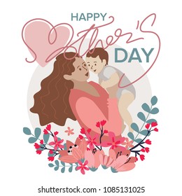 Happy Mothers day greeting card with typographic design and floral elements. Vector illustration.