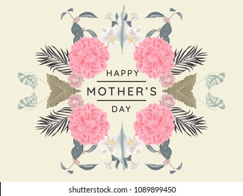 Happy mother's day greeting card design, mirror effect/ symmetry dahlia and other flowers wreath on light yellow background