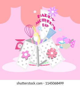 happy mother's day greeting card template with kitchenware in the box in pink background,flat vector illustration cartoon character costume design isolated