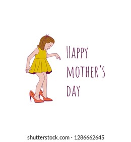Happy mother's day greeting card vector illustration. Mother and daughter. Cute gurl wearing mother's shoes.