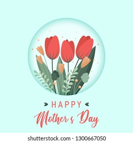 Happy Mother's Day greeting card template with flowers in the round frame. Clear flat design. Can be used as invitation