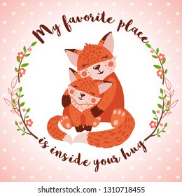 Happy mothers day greeting card with cute foxes in hand drawn style. Frame with forest animals. Baby and mother together. Nursery concept. Vector illustration.