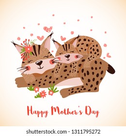 Happy mothers day greeting card with cute linxes in hand drawn style. Forest animals. Baby and mother together. Nursery concept. Vector illustration.