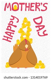 Happy Mother's day greeting card. With hen and chicks. On white background.