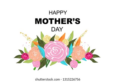 Happy Mother's Day greeting card. Cute hand drawn abstract vibrant colored Spring time flowers. Roses and peonies

