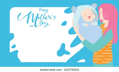 Happy mother's day greeting card. beautiful Mum smiling and holding healthy baby with happy. Colorful vector illustration flat design style. Flat cartoon style. Copy space for text. - vector