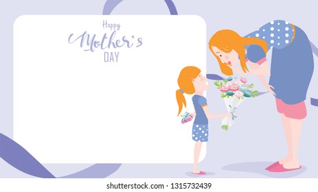 Happy mother's day greeting card. Child daughter congratulates mom and gives her flowers tulips. Vector illustration flat design style. flat cartoon style. Copy space for text. - vector