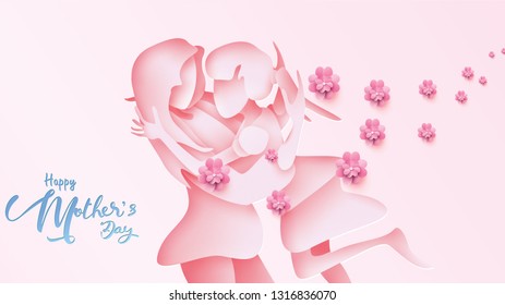 Happy mother's day greeting card. Paper cut style Child daughter running and hugging to her mum to congratulate in pink background with flying flowers. Vector illustration. - Vector