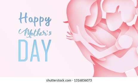 Happy mother's day greeting card. Paper cut style Child daughter running and hugging to her mum to congratulate in pink background. Vector illustration. Copy space for text. - Vector