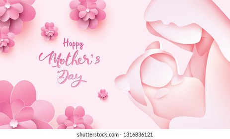 Happy mother's day greeting card. Paper cut style mum smiling and holding healthy baby with happiness in pink background with flowers frame. Vector illustration. Copy space for text. - Vector