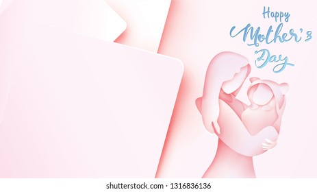 Happy mother's day greeting card. Paper cut style beautiful mom smiling and holding healthy baby with full of happiness in pink background. Vector illustration. Copy space for text banner. - Vector