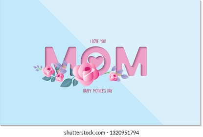 Happy Mother's day greeting card. Paper cut title concept with roses. Vector illustration.