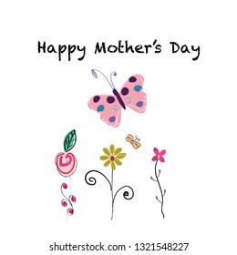 Happy Mother's day greeting card. Cute hand drawn flowers and butterfly