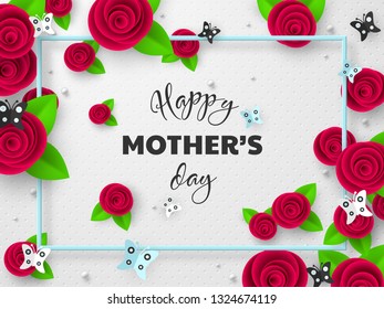 Happy Mothers day greeting card. 3d paper cut flowers with butterfly and frame, holiday background. Vector illustration.