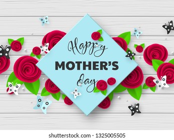 Happy Mothers day greeting card. 3d paper cut flowers with butterfly and frame, wood texture background. Vector illustration.