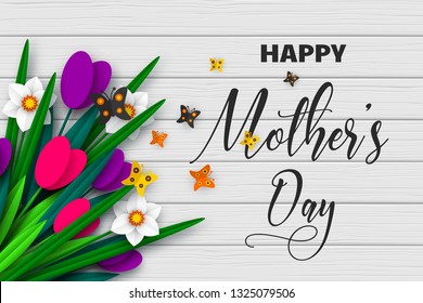 Happy Mothers day greeting card. 3d paper cut bouquet of spring flowers tulip and narcissus with butterfly, white wood texture background. Vector illustration.