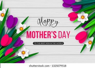 Happy Mothers day greeting card. 3d paper cut bouquet of spring flowers tulip and narcissus, white wood texture background. Vector illustration.