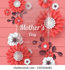 Happy Mothers day greeting card. 3d paper cut bouquet of paper cut flowers with glass transparent frame, coral color wood texture background. Place for text. Vector illustration.