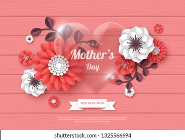 Happy Mothers day greeting card. 3d paper cut bouquet of paper cut flowers with glass transparent heart, coral color wood texture background. Vector illustration.