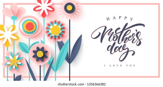 Happy Mother's day greeting card. Paper cut flowers, holiday background. Vector illustration.