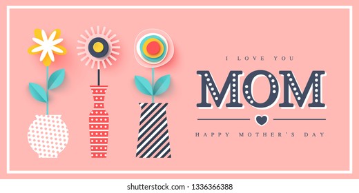 Happy Mother's day greeting card. Paper cut flowers, holiday background. Vector illustration.