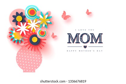 Happy Mother's day greeting card. Paper cut flowers and butterflies, holiday background. Vector illustration.