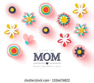 Happy Mother's day greeting card. Paper cut flowers, holiday background. Vector illustration.