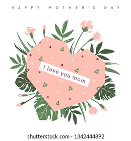 Happy Mother's Day greeting card. Pink heart with geometric pattern on tropical leaves and flowers background