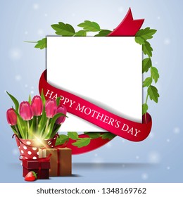 Happy mother's day, greeting card with a place under the text, a vine, a red ribbon, bucket with tulips and gift