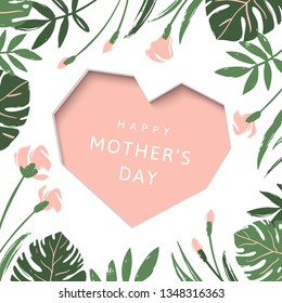 Happy Mother's Day greeting card. Pink heart on tropical leaves and flowers background
