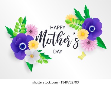 Happy Mother's day greeting card. Holiday banner with cut out paper flowers on white background. Vector illustration.