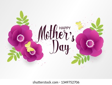 Happy Mother's day greeting card. Holiday banner with cut out paper flowers on white background. Vector illustration.
