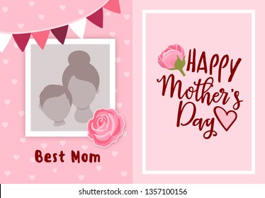 Happy mother's day greeting card design, with photo frame for uploading picture, photo. Vector background with flowers and hearts. Mother's day lettering calligraphic emblem