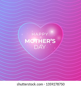 Happy Mother's Day greeting card with hearts on liquid pink blue colors background with waves pattern