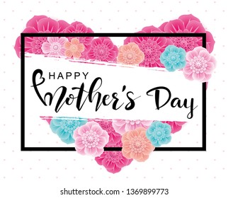 Happy Mother's Day greeting card with 3d flowers on white background.Vector  illustration for women's day, shop, invitation, banners, discount, sale, flyer, poster, decoration.