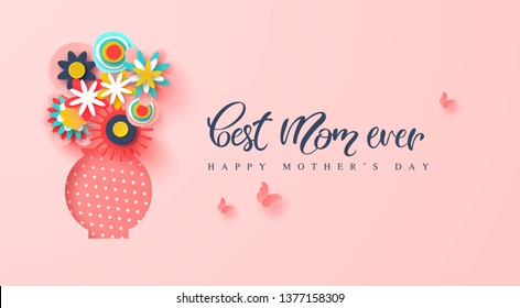 Happy Mothers day greeting card. Paper cut flowers and butterflies, holiday background. Vector illustration.