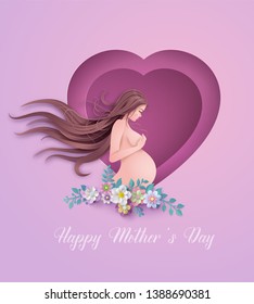  Happy Mother's day greeting card. Paper cut flower  frame with Pregnant woman.