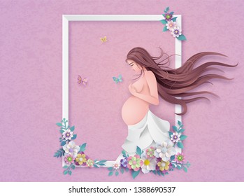  Happy Mother's day greeting card. Paper cut flower  frame with Pregnant woman.