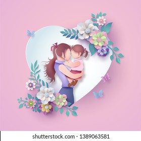  Happy Mother's day greeting card. Paper cut flower  frame with women and girl.