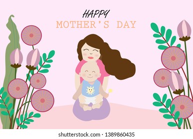 Happy mother's day greeting card with woman carry her baby ,vector illustration.