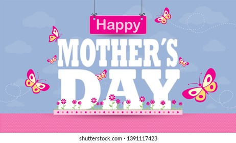 Happy Mothers Day Greeting Card. Letters on a magenta flower garden with butterflies flying around on a pastel purple sky with clouds in the background. Vector image