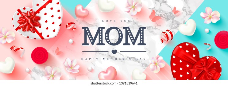 Happy Mothers day greeting card. Festive background with gift boxes,hearts,flowers,butterflies,beads and serpentine. Vector illustration.