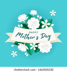 Happy Mother's day Greeting Card Vector illustration. Jasmine flowers on blue background