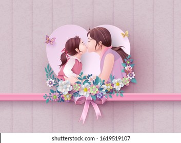 Happy Mother's day greeting card. Paper cut flower  frame with women and girl.